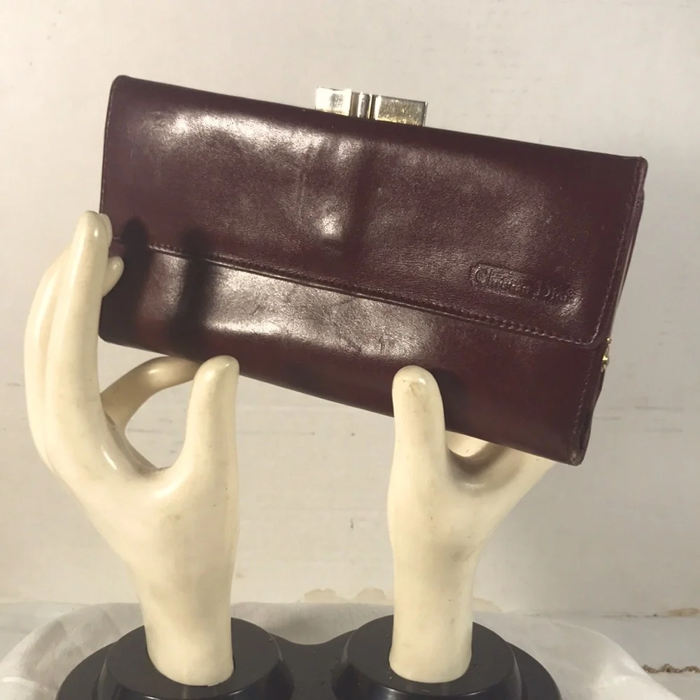 Christian Dior Vintage Burgundy Leather Trifold  Kiss Lock Clutch Wallet